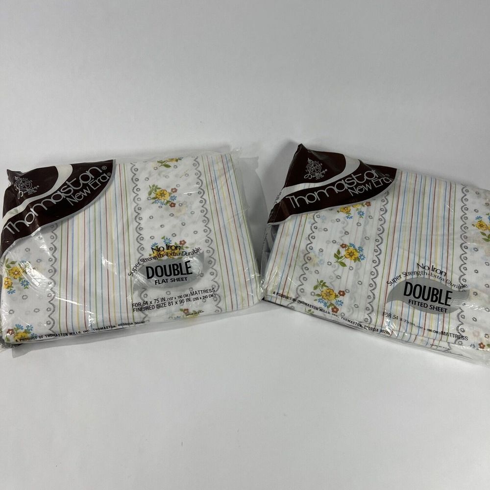 New VTG‎ THOMASTON NEW ERA No Iron Double Fitted Flat Sheet Striped Floral 54x75